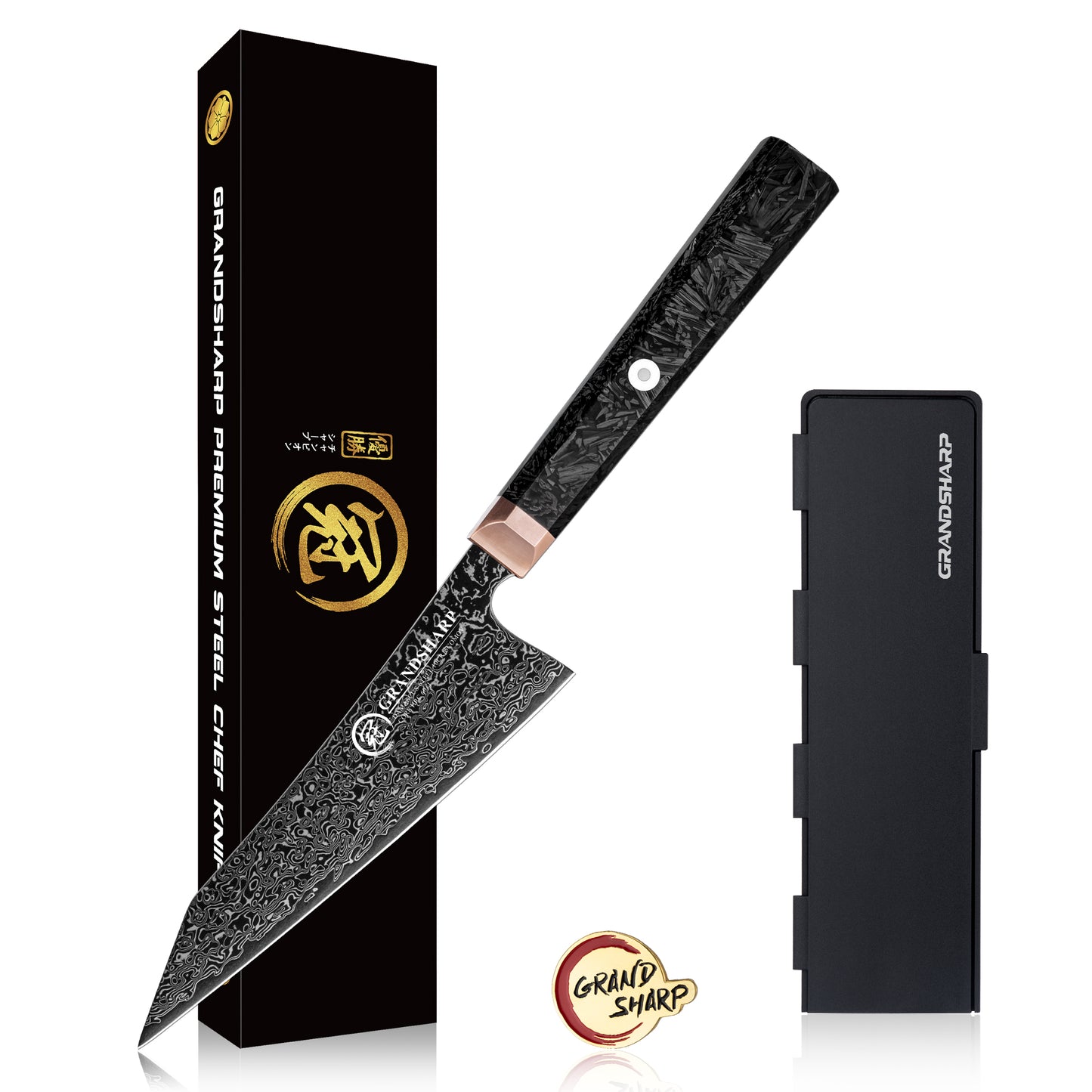 Grandsharp 5.5 Inch Kitchen Bunka Knife Japanese 67 Layers Damascus Steel Kitchen Chef Bunka Black Knife Carbon Fiber Handle