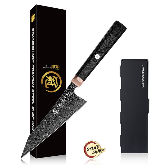 Grandsharp 5.5 Inch Kitchen Bunka Knife Japanese 67 Layers Damascus Steel Kitchen Chef Bunka Black Knife Carbon Fiber Handle
