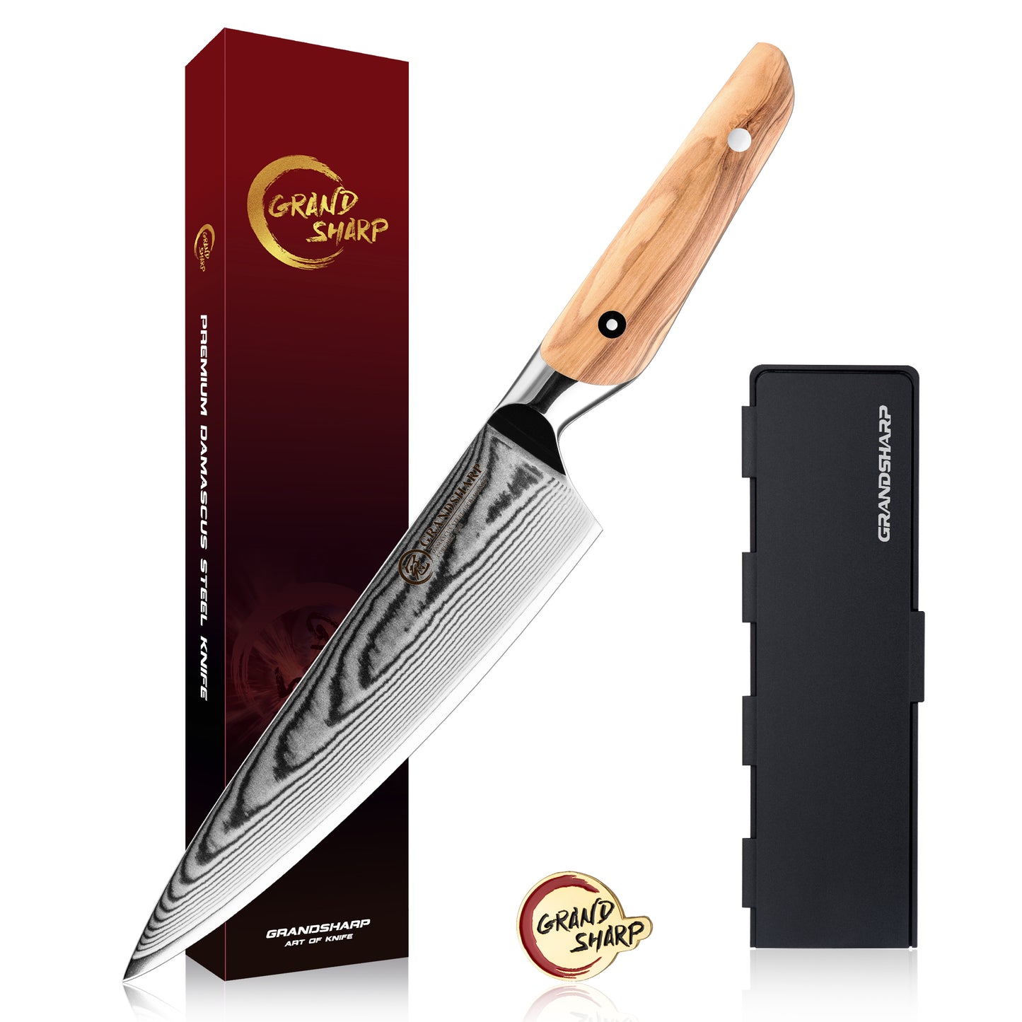 Grandsharp Premium Chef Knife Set 6 Pcs 67 Layers Damascus Steel Chef Kitchen Knives Sharpening Rod Sets with Olive Wood Handle
