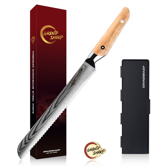Grandsharp 10 Inch Bread Chef Knife 67 Layers Damascus Steel Kitchen Bread Knife Cutting Bread Knife with Olive Wood Handle