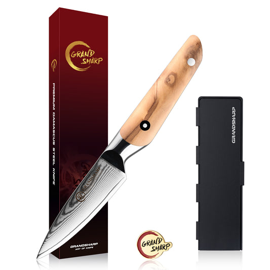 Grandsharp 3.5 Inch Japanese 67 Layers Damascus Steel Kitchen Paring Knife Small Fruit Cutting Paring Knife Olive Wood Handle