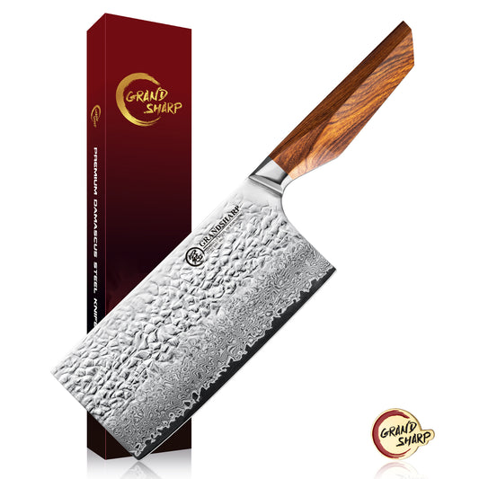Grandsharp Kitchen Cleaver Caidao Knife 7 Inch 67 Layers AUS10 Damascus Steel Cleaver Cutting Knives with Africa Rose Wood Handle