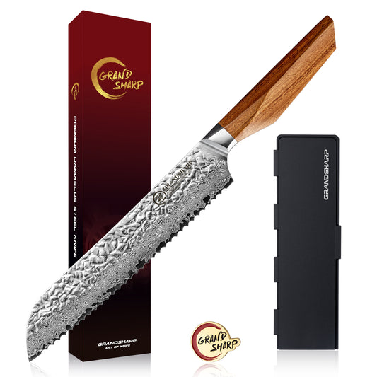 Grandsharp Kitchen Bread Knife 8.5 Inch 67 Layers AUS10 Core Damascus Steel Japanese Bread Knives with Africa Rose Wood Handle