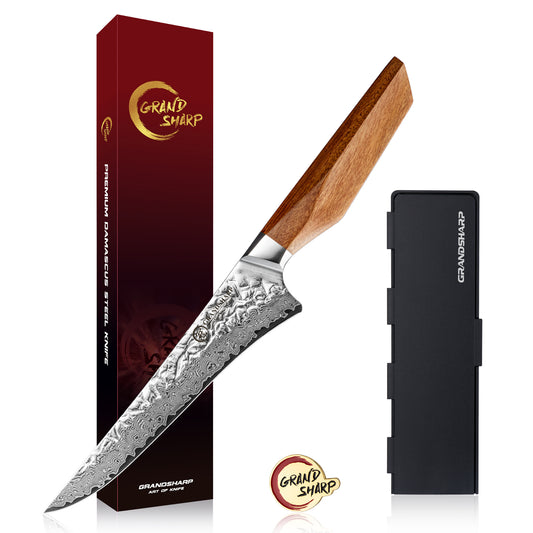 Grandsharp 6 Inch Kitchen Boning Knife 67 Layers Damascus AUS10 Core Steel Filleting Boning Knives with Africa Rose Wood Handle