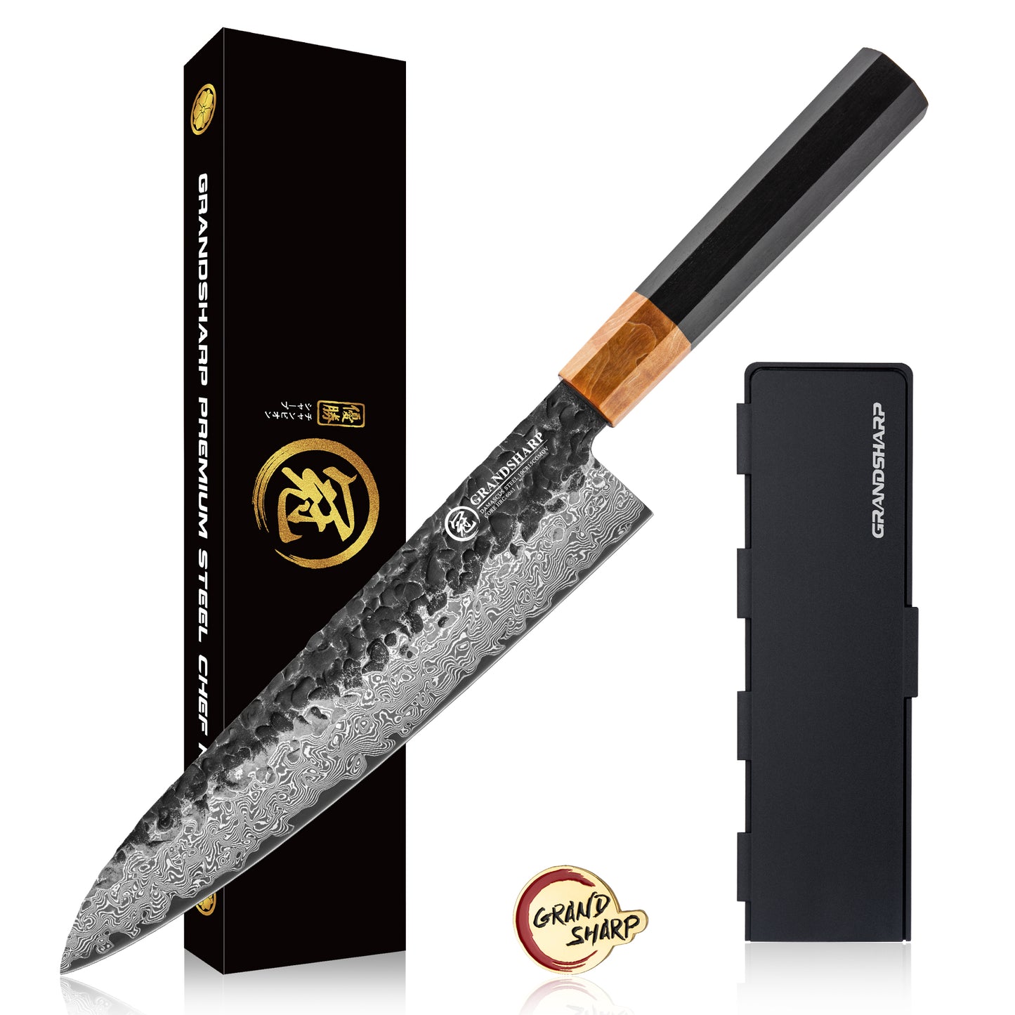 Grandsharp Modern Kitchen Chef Knife 8 Inch Damascus Steel 67 Layers 10Cr15Mov Chef Knives with Ebony & Solidified Wood Handle