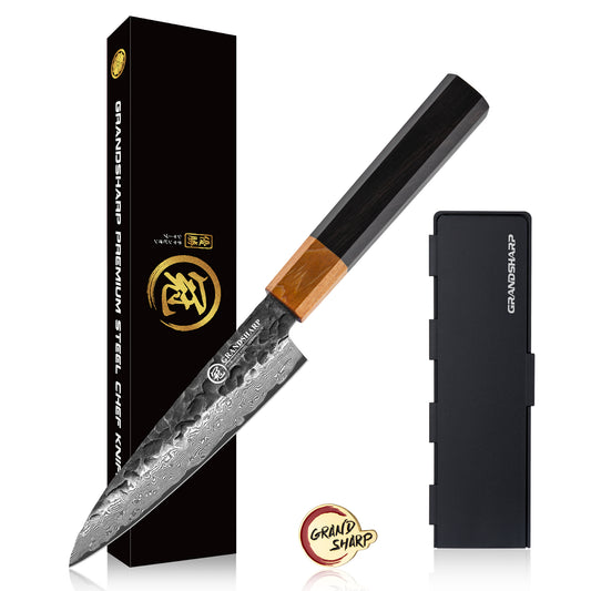 Grandsharp 5 Inch Utility Knife 10Cr15Mov 67 Layers Damascus Steel Utility Kitchen Chef Knives Ebony & Solidified Wood Handle