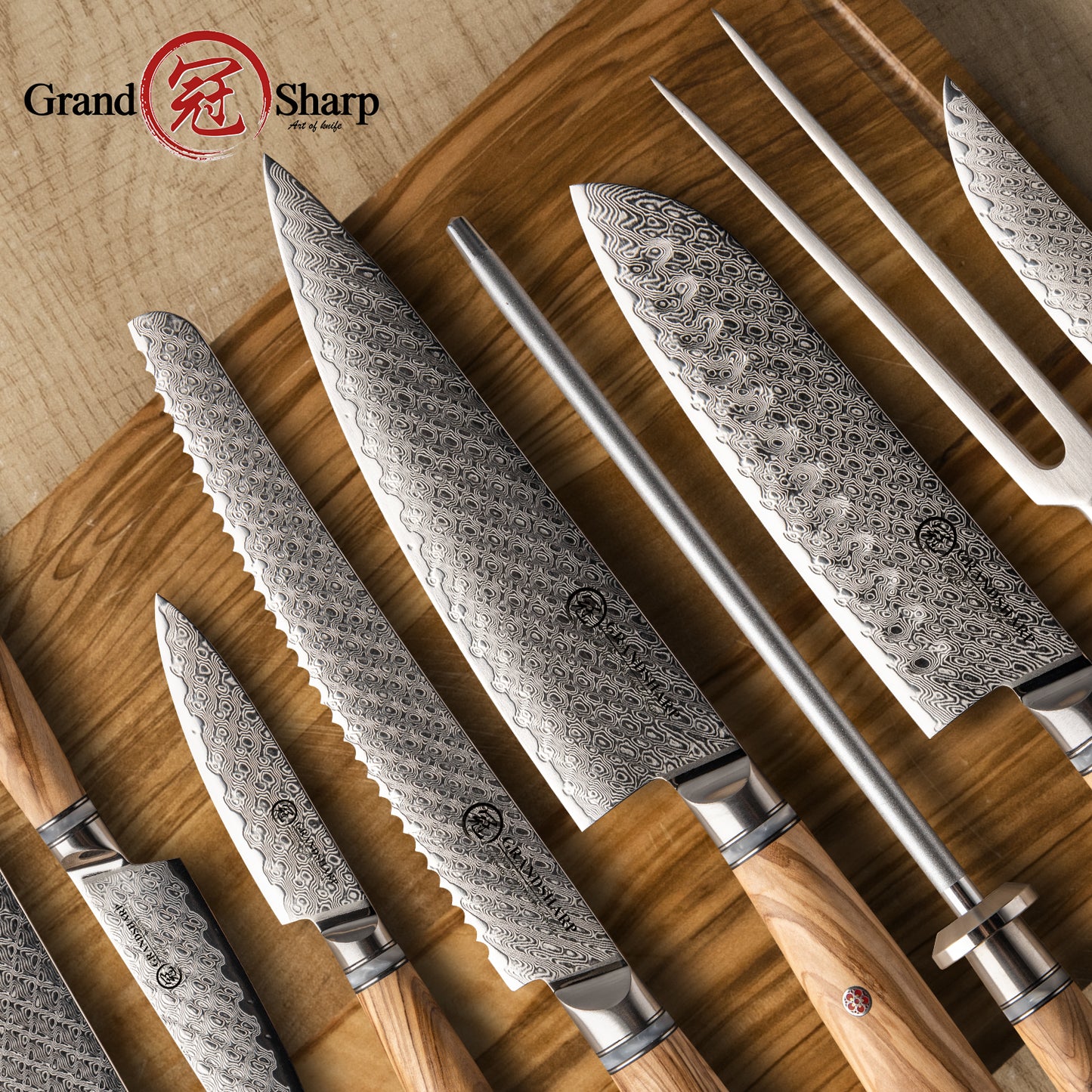 Grandsharp Custom Olive Wood Handle Damascus Kitchen Knife Collection