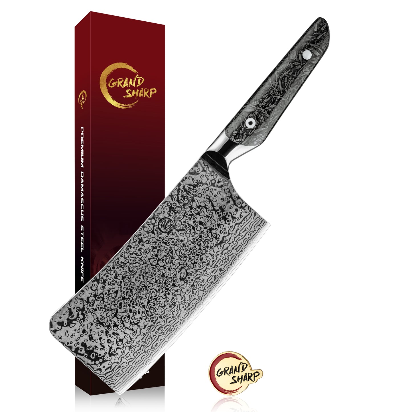 Grandsharp 7'' Kitchen Chopping Knife AUS10 Core 67 Layers Damascus Steel Cleaver Butcher Knife with Black Carbon Fiber Handle