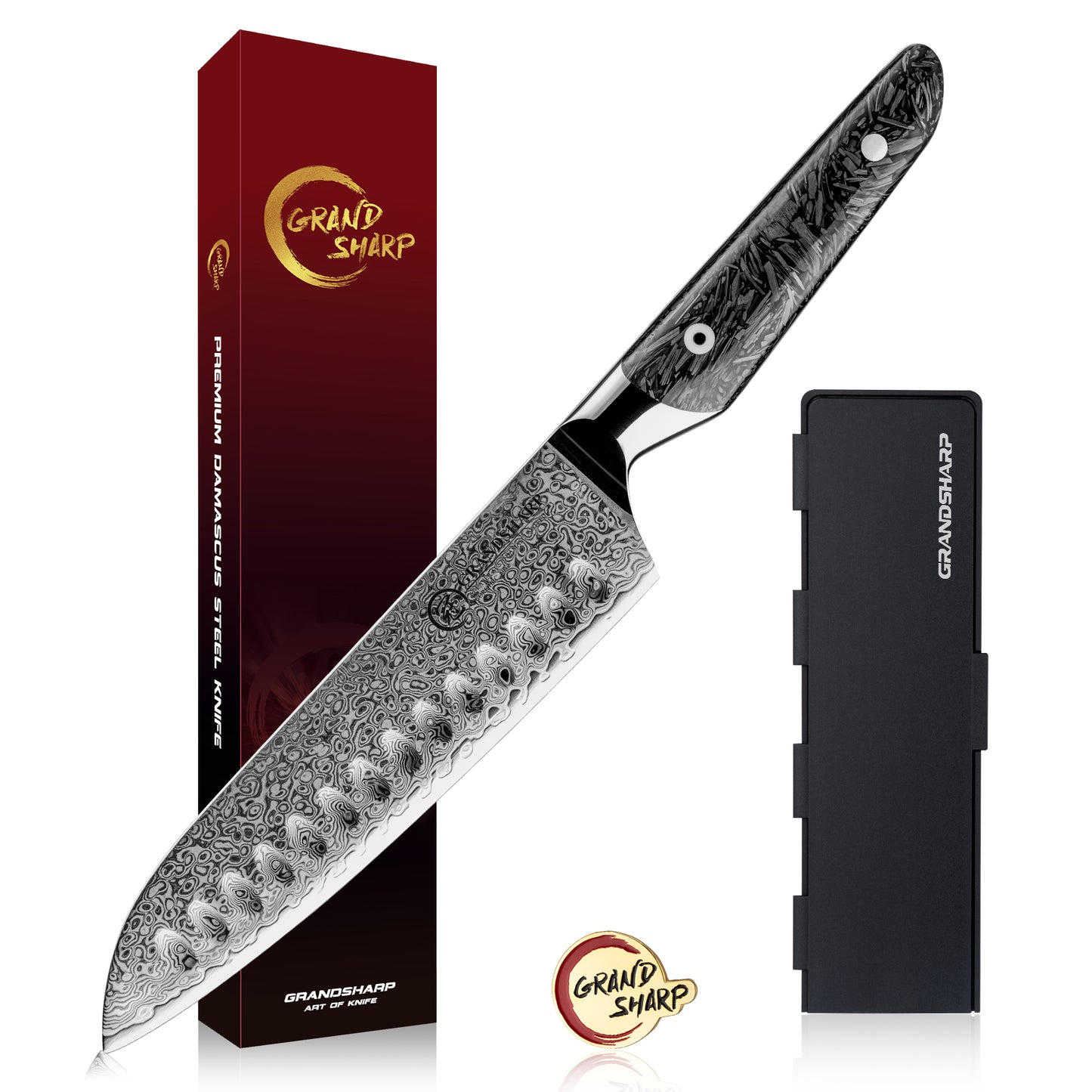 Grandsharp 7.5 Inch 67 Layers Santoku Knife Kitchen AUS10 Damascus Steel Santoku Knives Tools with Black Carbon Fiber Handle