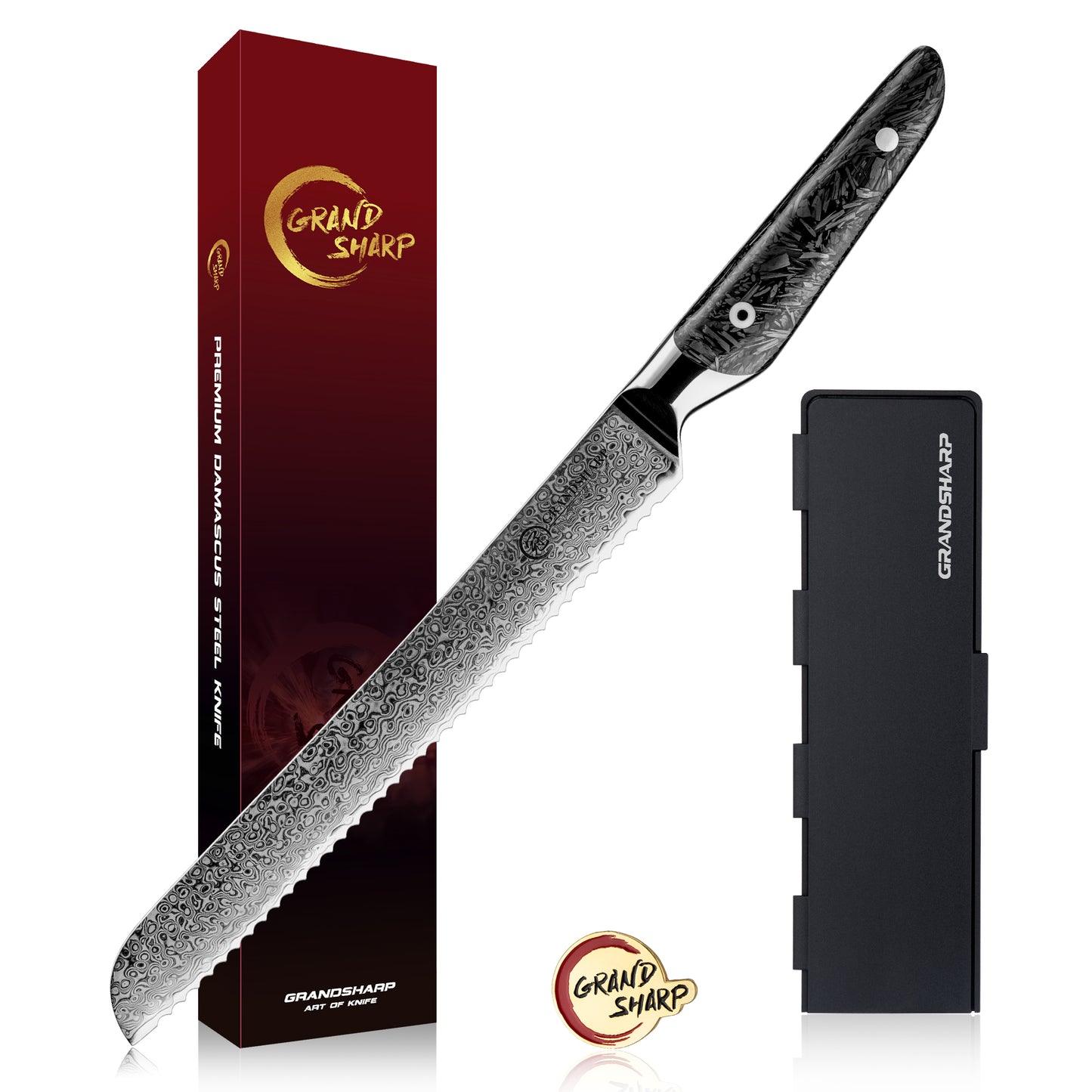 Grandsharp Kitchen 67 Layers 8 Inch Bread Knife AUS10 Damascus Steel Kitchen Bread Cutting Knives with Black Carbon Fiber Handle