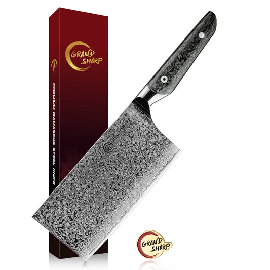 Grandsharp Premium Cleaver Cutting Knife Kitchen 67 Layers AUS10 Damascus Steel Cleaver Knives with Black Carbon Fiber Handle
