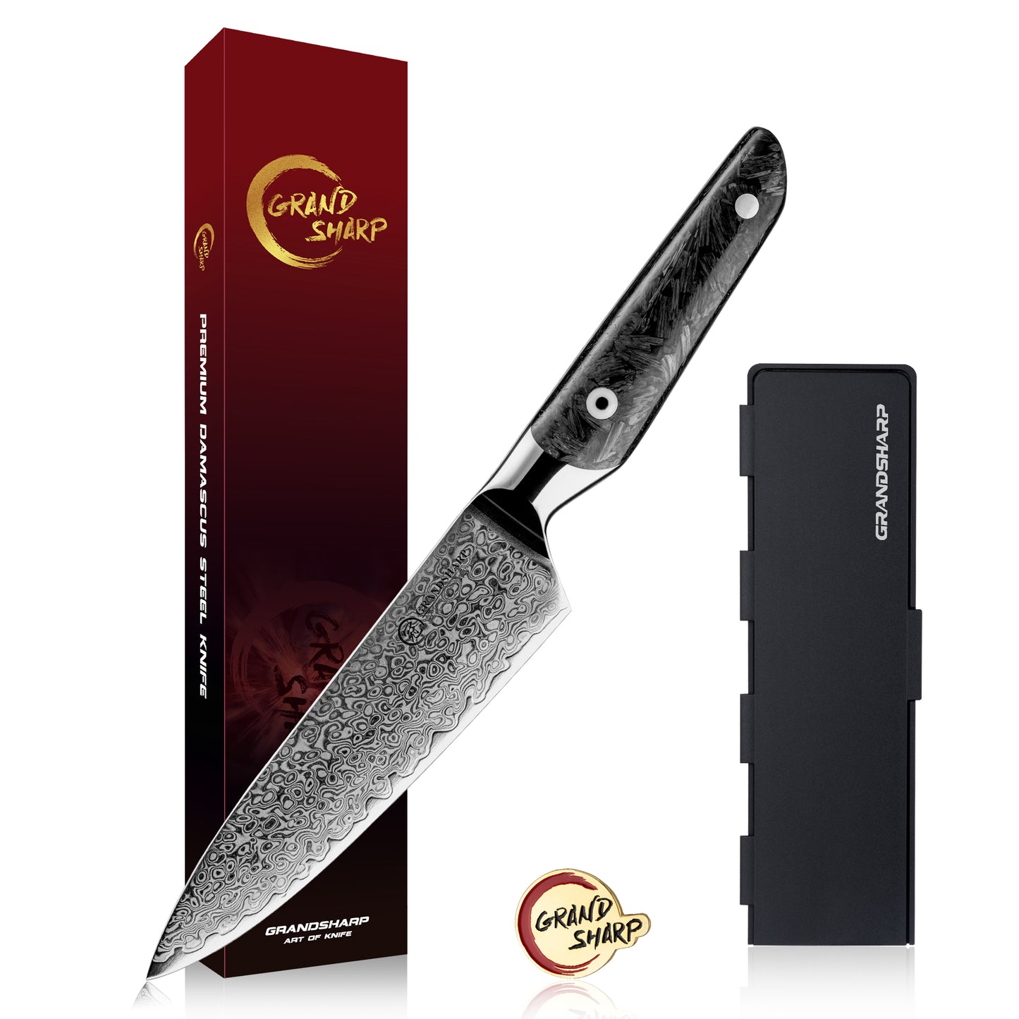 Grandsharp 5.5 Inch Utility Knife 67 Layers AUS10 Damascus Steel Utility Kitchen Knives with Black Handle