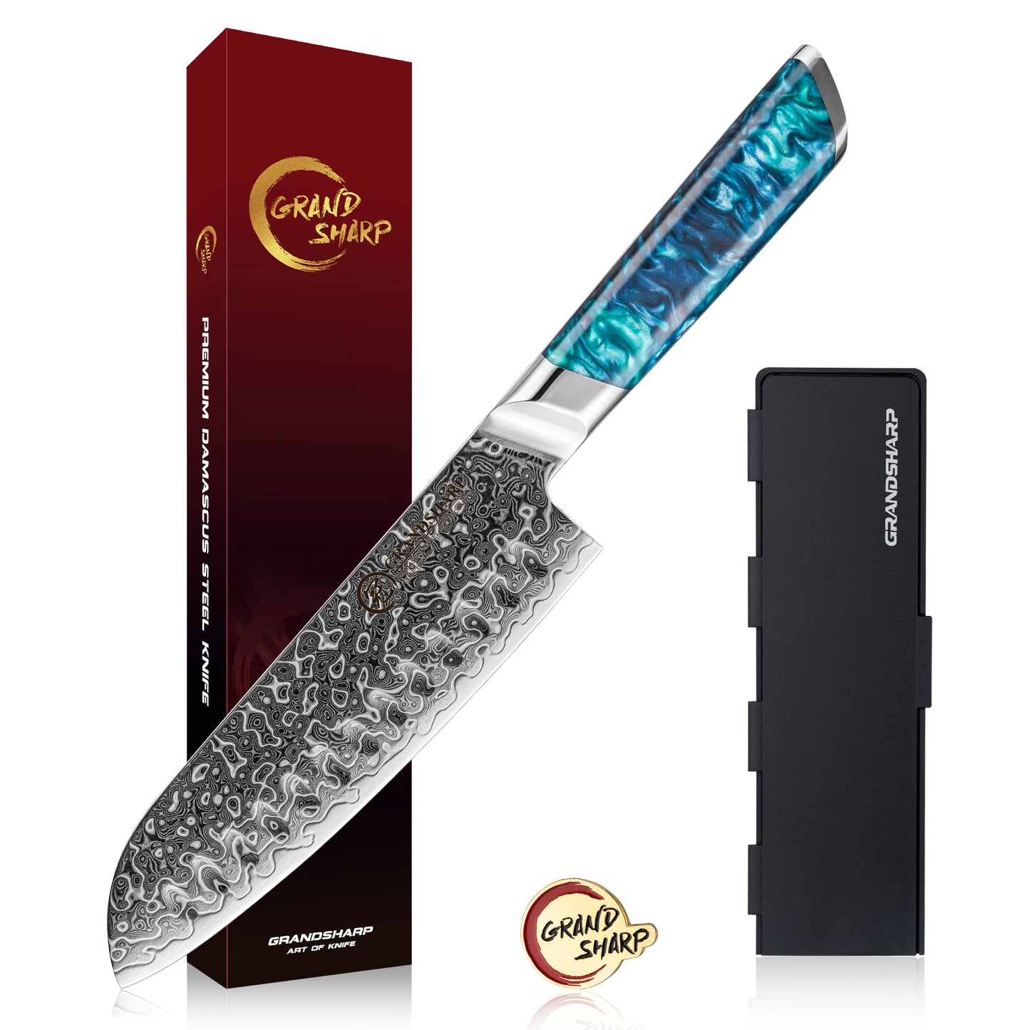 Grandsharp 7 Inch Santoku Damascus Knife Premium 129 Layers Damascus Steel Japanese Santoku Knives with Blue Resin Handle