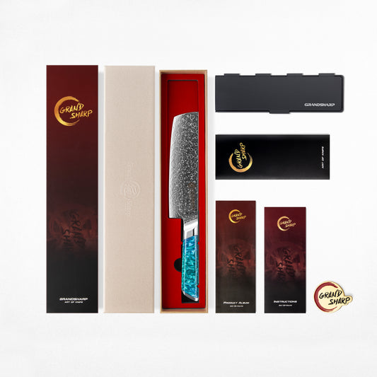 Grandsharp Damascus 7 Inch Nakiri Knife 129 Layers Japanese High Carbon Damascus Steel Nakiri Knives with Blue Resin Handle