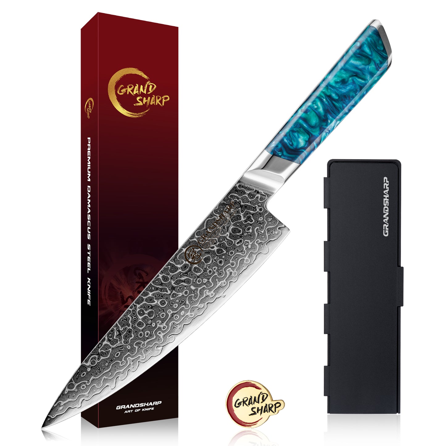 Grandsharp 129 Layers Damascus Steel Kitchen 8 Inch Chef Knife Luxury Chef Damascus Knives Cooking with Blue Resin Handle