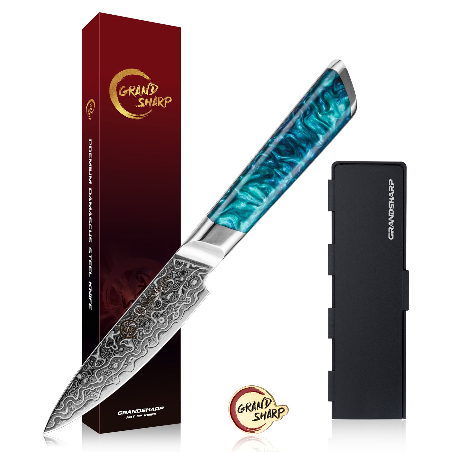 Grandsharp Premium Paring Knife 4'' 129 Layers Japanese Damascus Steel Paring Small Fruit Damascus Knives with Blue Resin Handle
