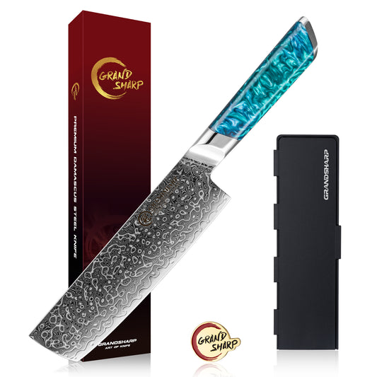 Grandsharp Damascus 7 Inch Nakiri Knife 129 Layers Japanese High Carbon Damascus Steel Nakiri Knives with Blue Resin Handle