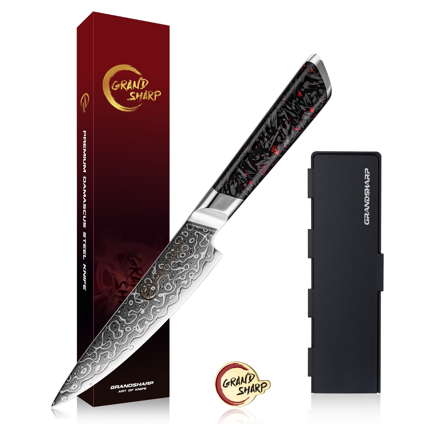 Grandsharp 5 Inch Kitchen Utility Knife 129 Layers Japanese Damascus Steel Utility Knives with Black Carbon Fiber+Resin Handle
