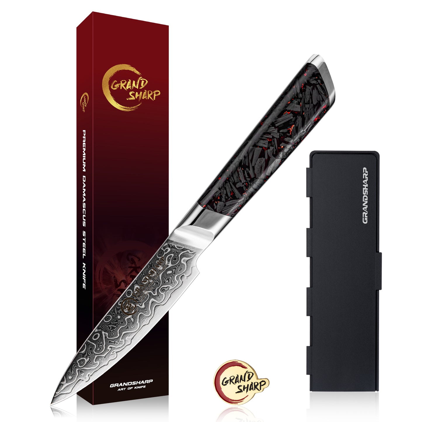 Grandsharp 129 Layers Damascus Steel Paring Knife 4 Inch Kitchen Peeling Small Fruit Knives with Black Carbon Fiber Handle