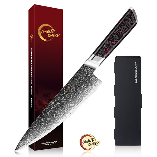 Grandsharp 10Cr15Mov Cutting Core Chef Kitchen Knife 129 Layers Damascus Steel Chef Knives with Black Carbon Fiber+Resin Handle