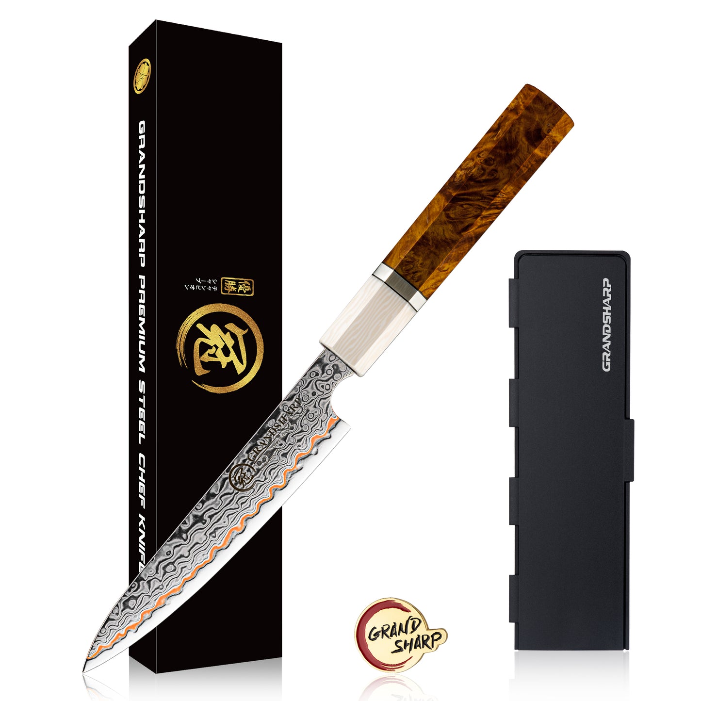 Grandsharp Copper Damascus 5inch Utility Knife with Solidified Wood+Imitation Ivory Handle