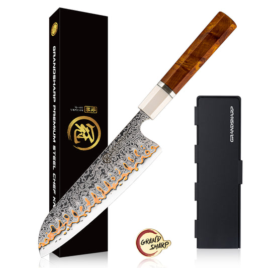 Grandsharp 55 Layers Copper Damascus Steel Japanese Santoku Knife with Solidified Wood+Imitation Ivory Handle