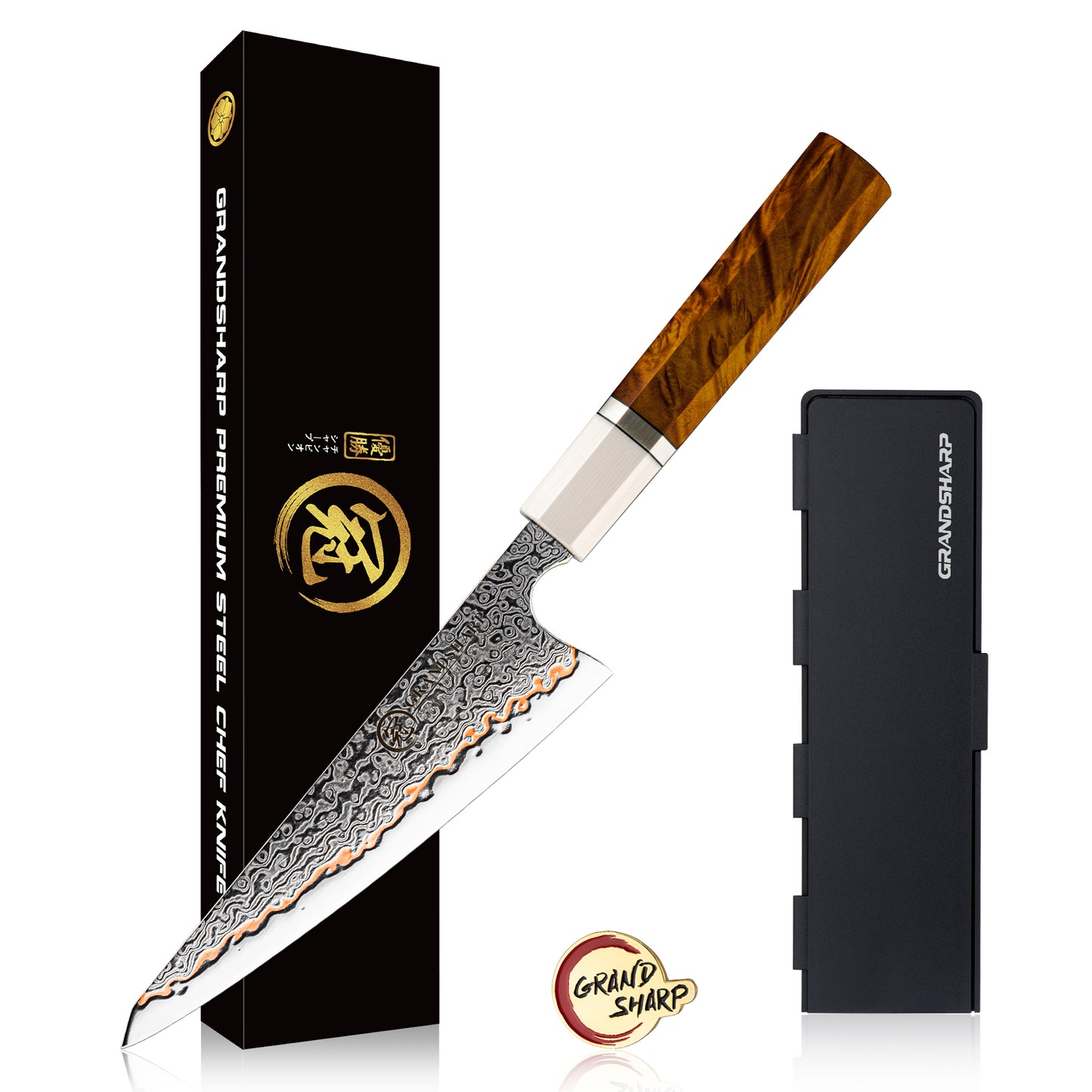 Grandsharp 7Pcs Chef Kitchen Knife Set 55 Layers Damascus Steel with Solidified Wood+Ivory-effect Resin Handle
