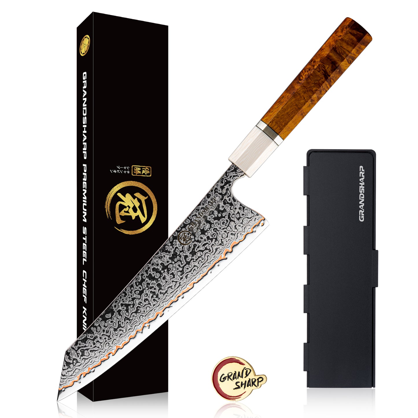 Grandsharp 55 Layers Copper Core Damascus Steel Kiritsuke  Knife with Solidified Wood Handle
