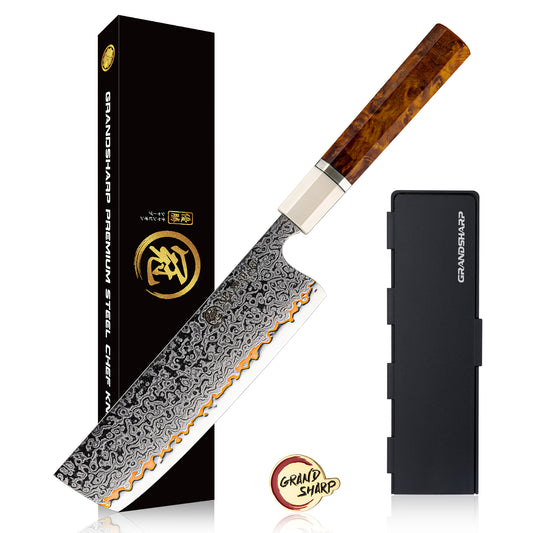 Grandsharp 7'' Nakiri Knife Japanese 55 Layers Copper damascus with Solidified Wood+Imitation Ivory Handle