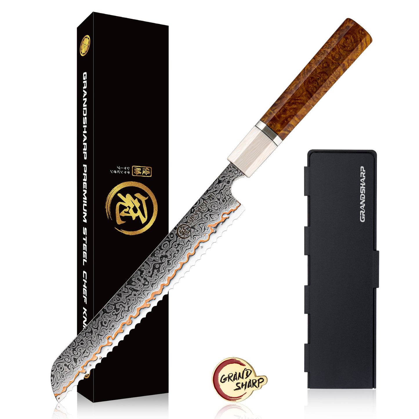 Grandsharp 55 Layers copper Damascus Steel 8'' Bread Knife with Solidified Wood+Imitation Ivory Handle