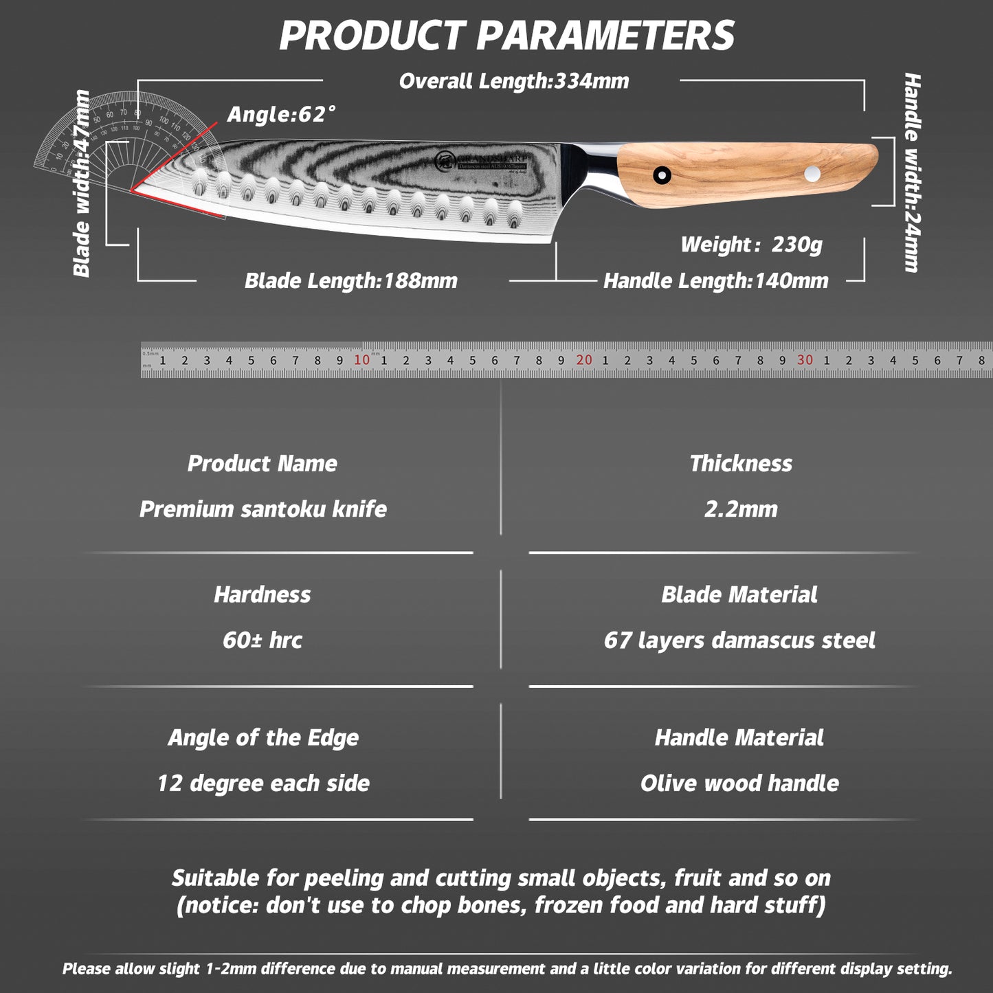 Grand Sharp Kitchen Santoku Knife Premium 67 Layers Damascus Steel Kitchen Cutting Knife with Olive Wood Handle