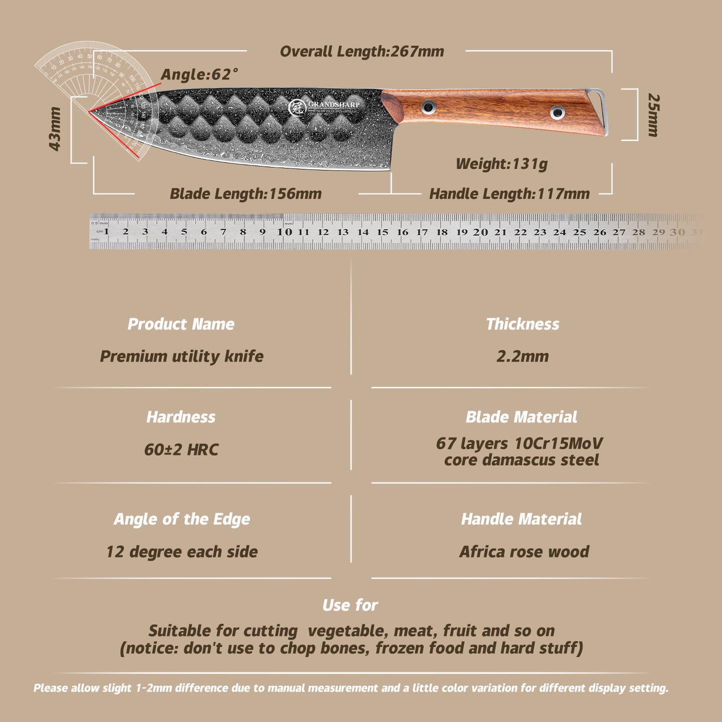 Grandsharp Utility Damascus Knife 6 Inch Kitchen knife with Africa Rose Wood Handle