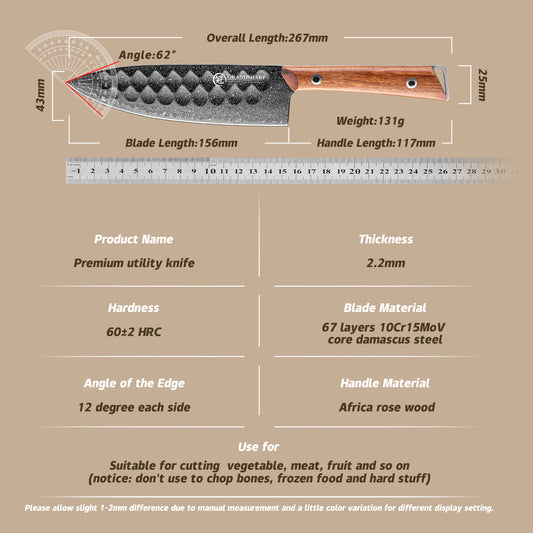 Grandsharp Black Damascus 10Cr15CoMoV Utility Petty Knife