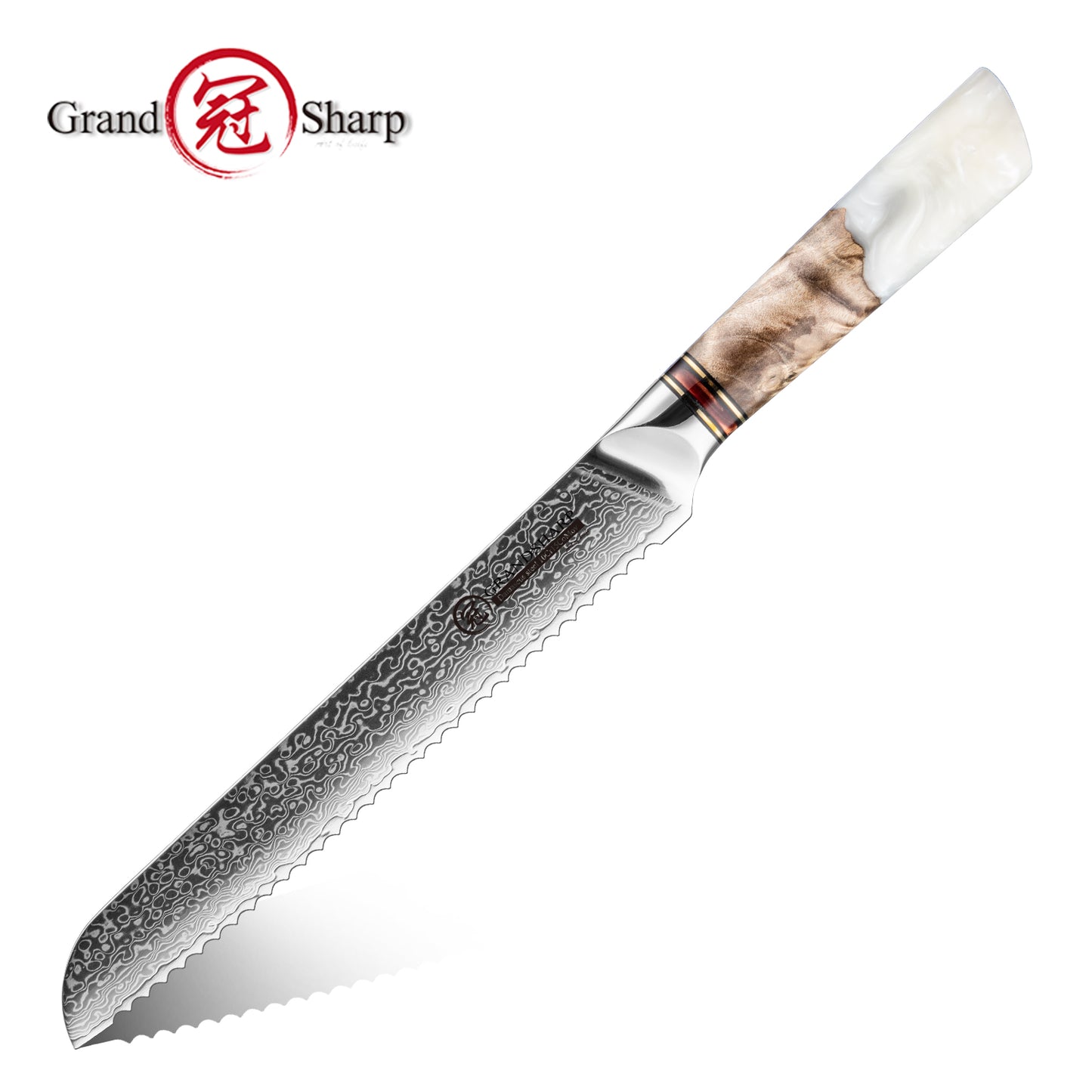 Grandsharp Damascus Steel 8.5 Inch Kitchen Bread Knife White Resin & Solidified Wood Handle