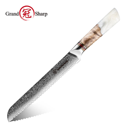 Grandsharp Damascus Steel 8.5 Inch Kitchen Bread Knife White Resin & Solidified Wood Handle