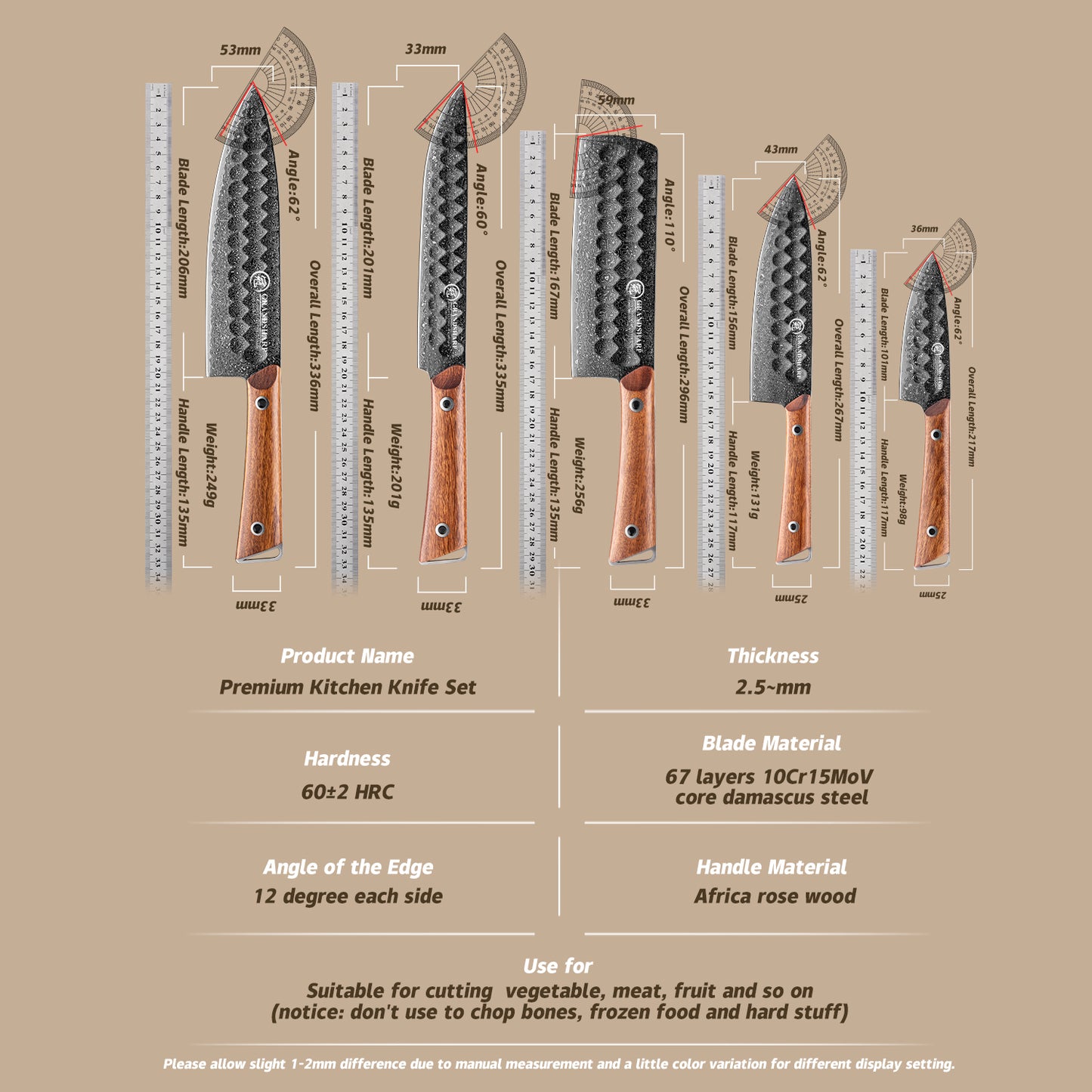 Grandsharp Kitchen Damascus Knife Sets Damascus Steel Chef Slicing Nakiri Utility Paring Knives with Africa Rose Wood Handle