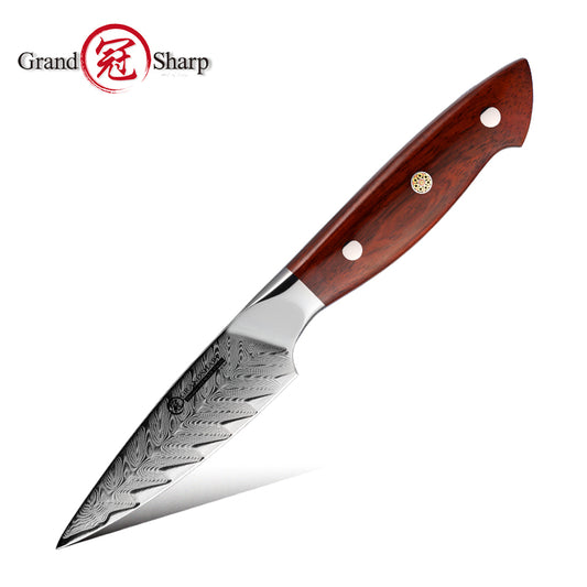 Grandsharp AUS-10 Damascus Paring Petty Knife with Rose Wood Handle