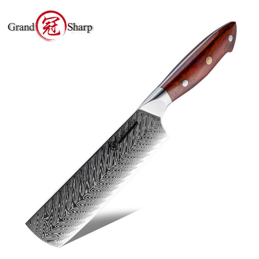 Grandsharp AUS-10 Damascus Professional Nakiri Knife with Rose Wood Handle