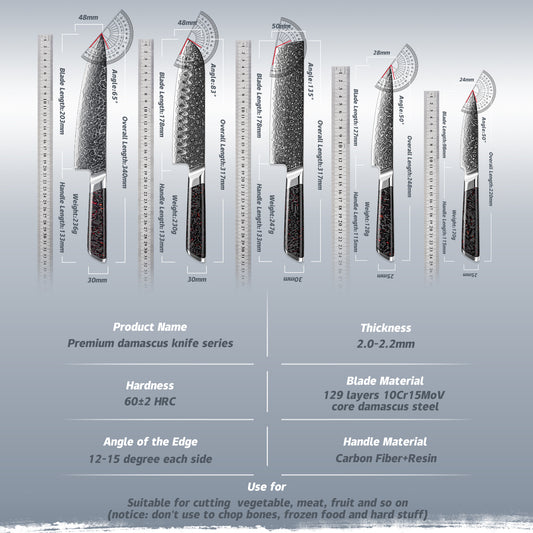 Grandsharp 1-5pcs Kitchen Knife Set 129 Layers 10Cr15MoV Core Damascus Steel Carbon Fiber&Resin Handle For Cutting Fruits Meat