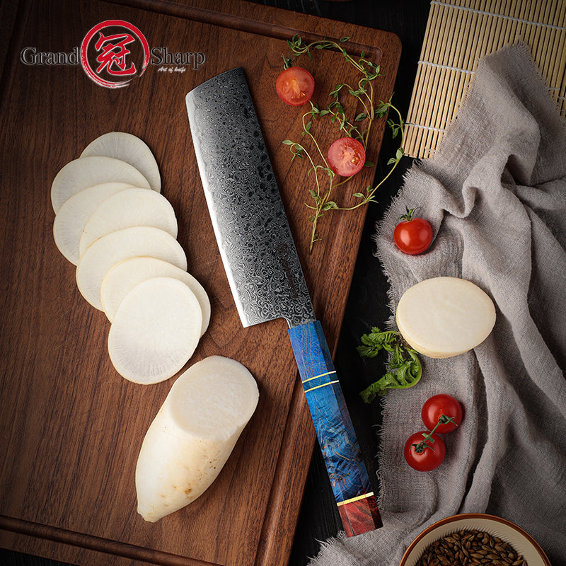 Professional 67 Layers Damascus Steel Kitchen Chef Nakiri Knife With Octagonal Solidfied Wooden Handle