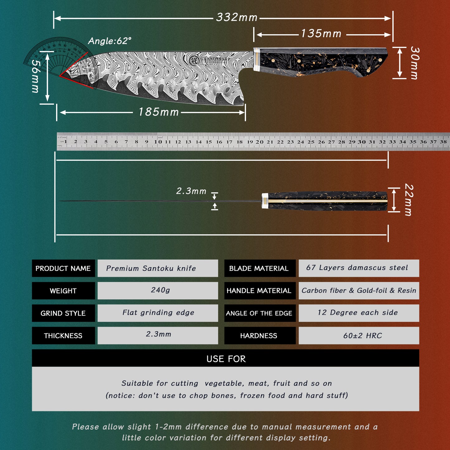 Grandsharp 7.3" Santoku Knife 67 Layers Damascus Steel AUS-10 Core Pro Kitchen Knive With Carbon Fiber & Gold-Foil & Resin Handle