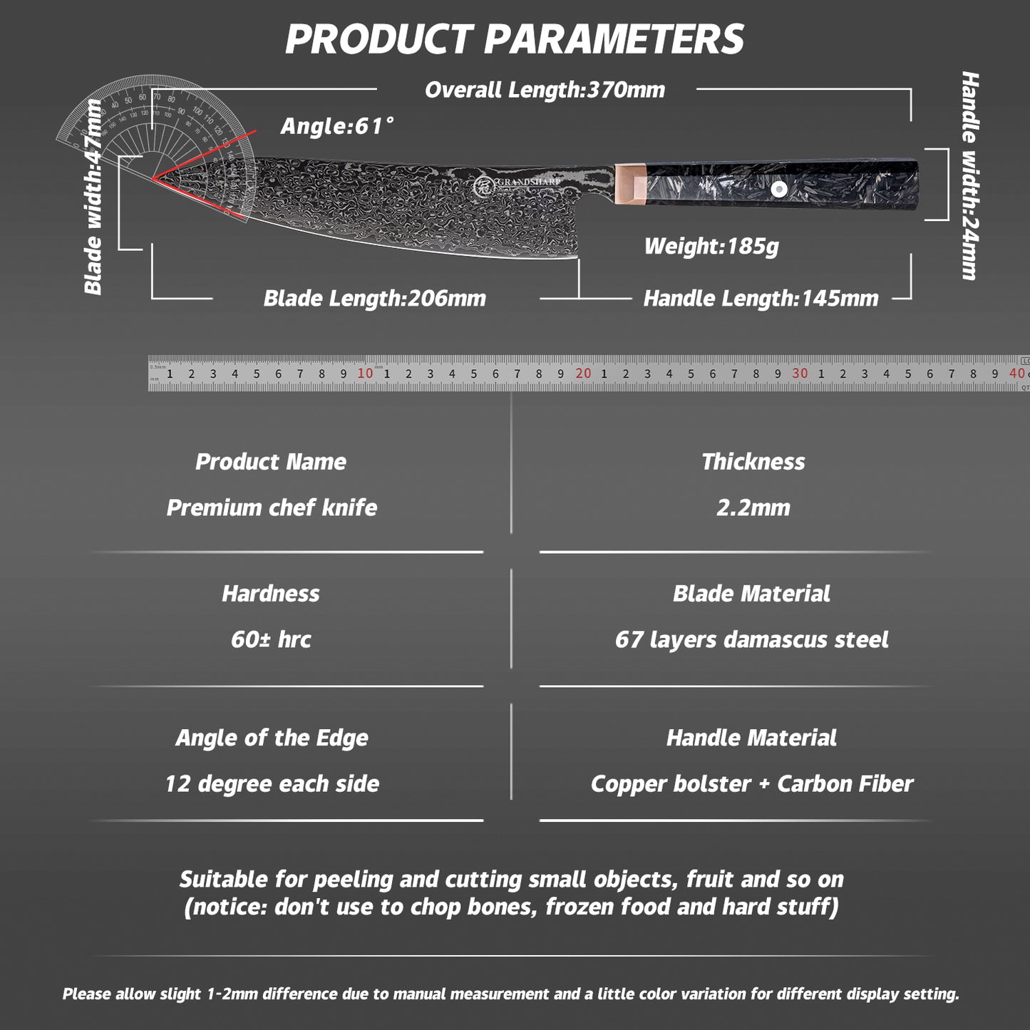 Grandsharp 8'' Kitchen Chef Knife 67 Layers Japanese Damascus Steel Black Chef Kitchen Knives with Black Carbon Fiber Handle