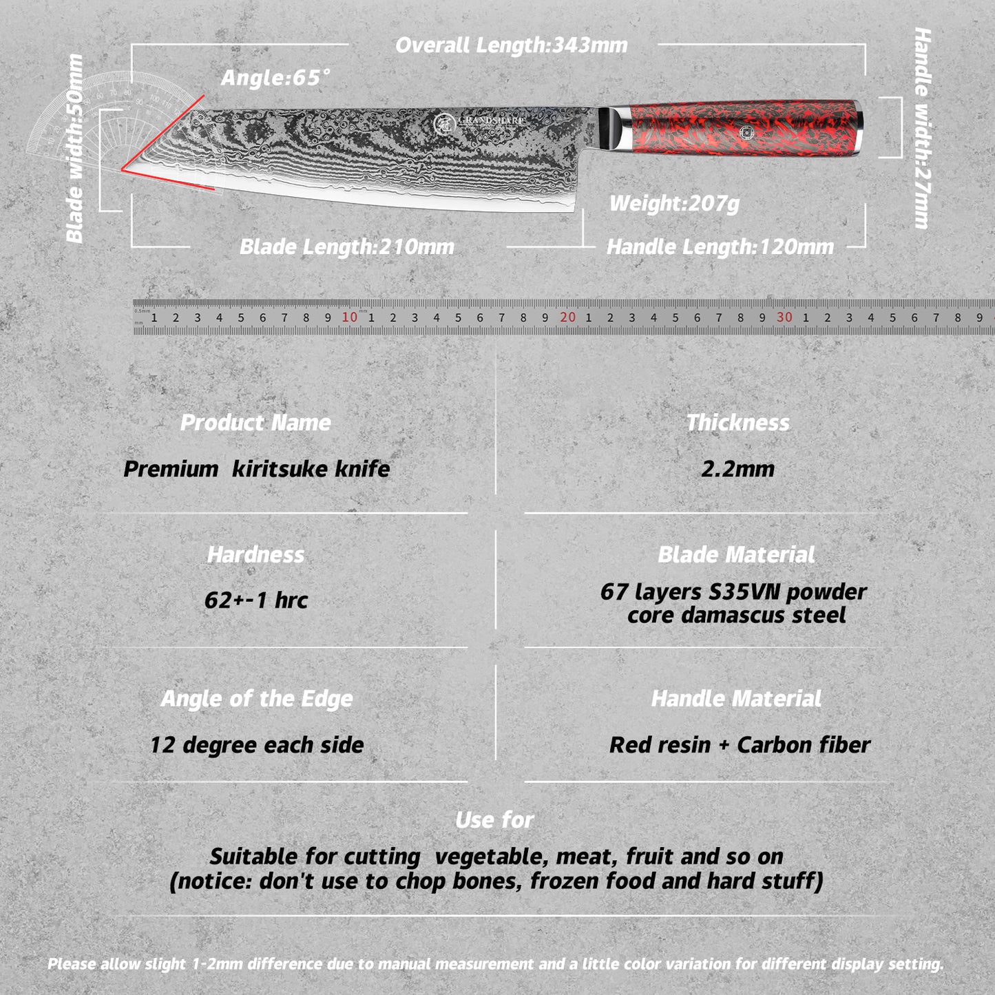 Grandsharp S35VN Damascus Kiritsuke Knife