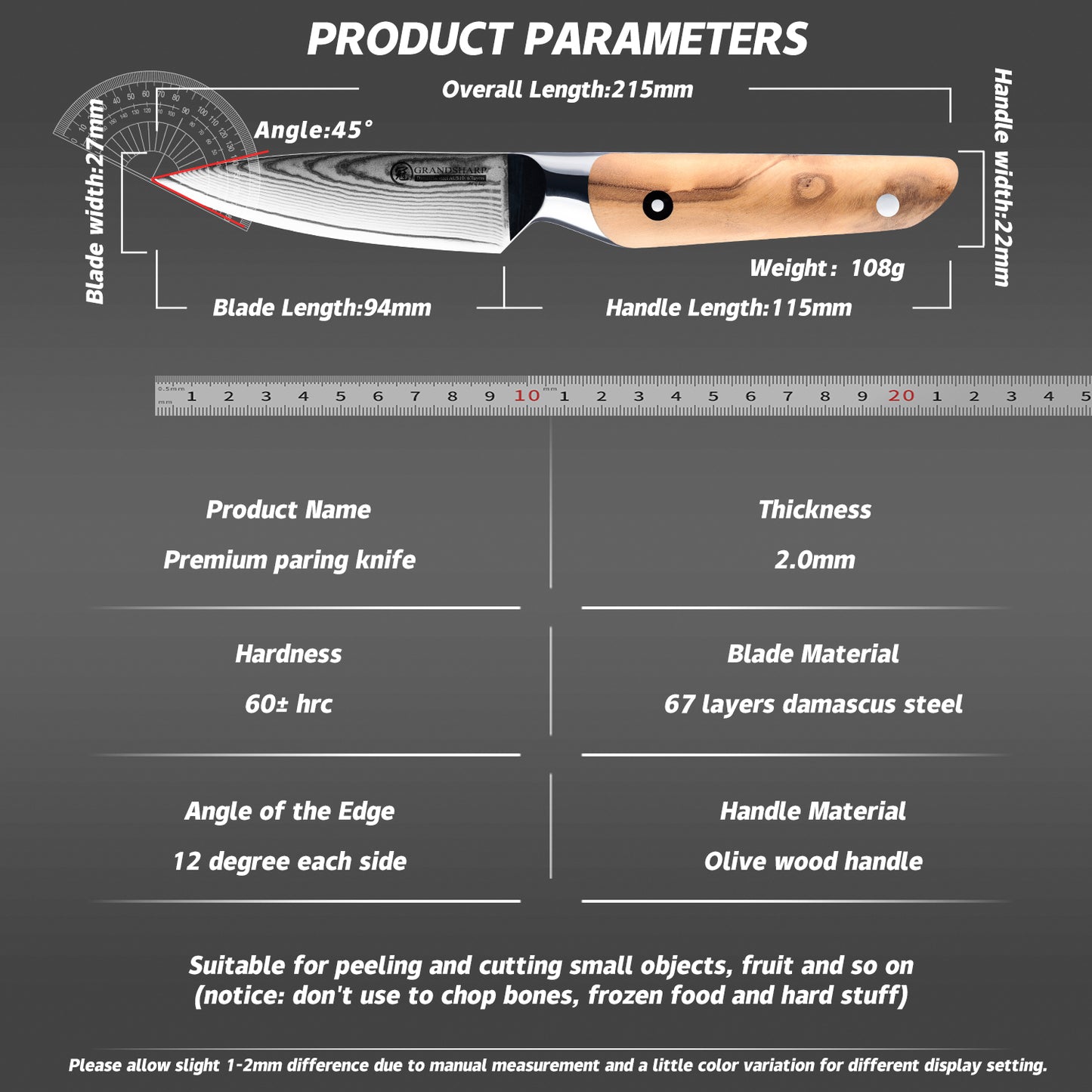 Grandsharp 3.5 Inch Japanese 67 Layers Damascus Steel Kitchen Paring Knife Small Fruit Cutting Paring Knife Olive Wood Handle