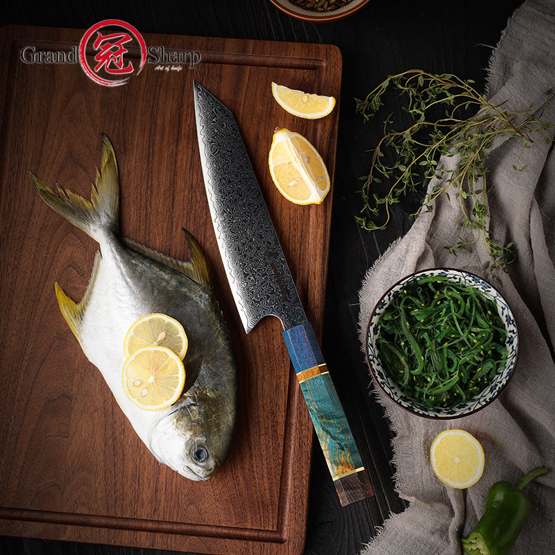 Grandsharp Professional Damascus Steel Kitchen Chef Kiritsuke Knife Home Tools Cooking with Solidified Wood Handle