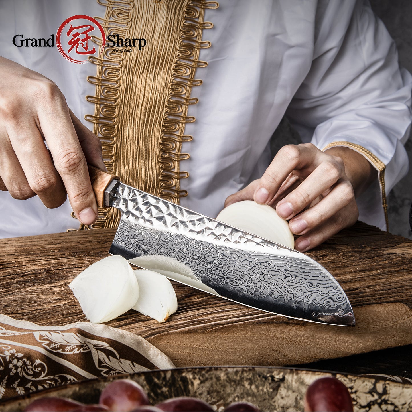 Grandsharp Premium Kitchen Santoku Knife 67 Layers 7 Inch Damascus Steel Santoku Knives with Stabilized Wood & Resin Handle