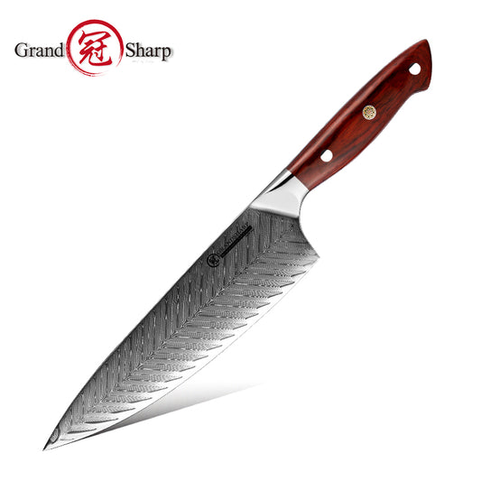 Grandsharp AUS-10 Damascus Professional Chef Knife with Rose Wood Handle