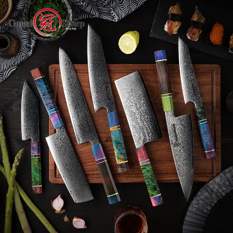 Grandsharp 10CR15MOV Damascus Steel Cleaver Meat Kiritsuke Nakiri Gyuto Chef Kitchen Knife Sets with Wood Handle