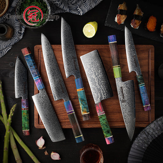 Grandsharp 10CR15MOV Damascus Steel Cleaver Meat Kiritsuke Nakiri Gyuto Chef Kitchen Knife Sets with Wood Handle