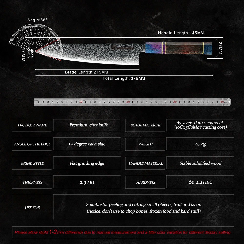 Grandsharp 9'' Chef Knife 67 Layer Damascus Carbon Steel Kitchen Chef Gyuto Knives Cutting Stable Solidfied Wood Handle